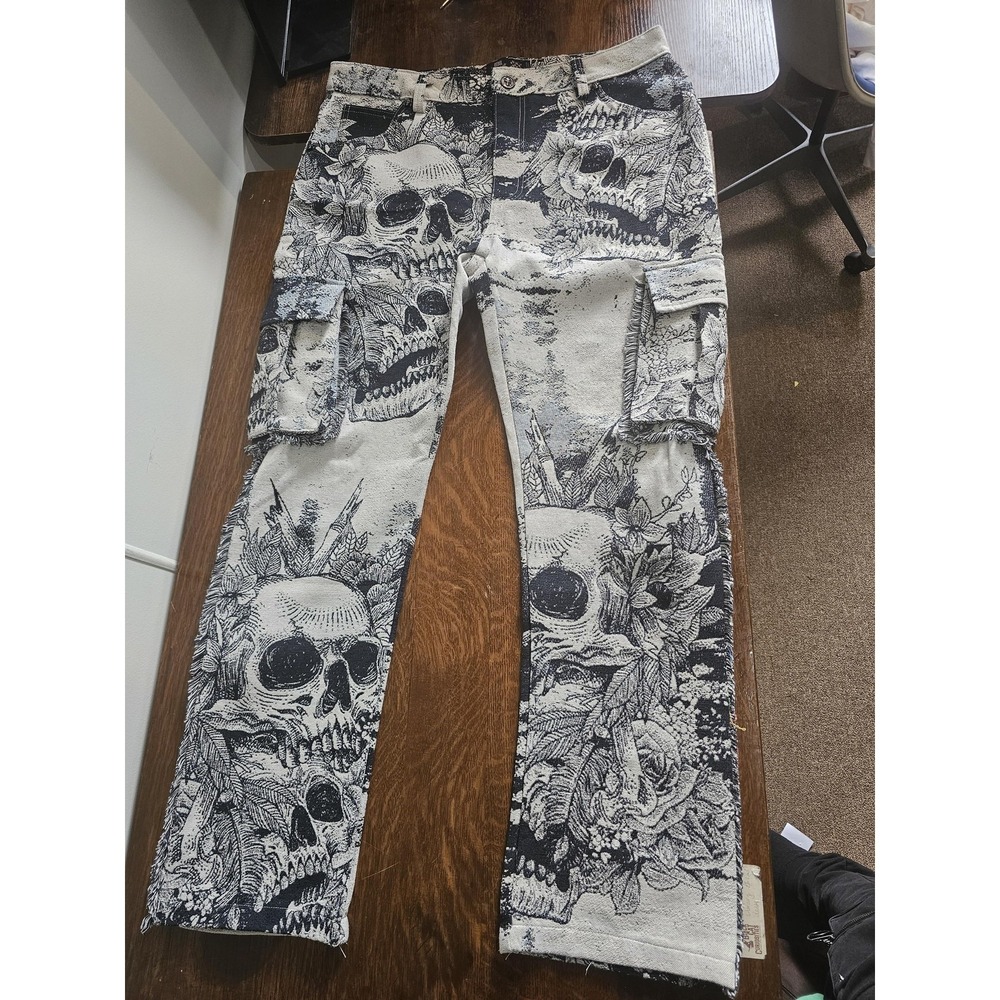 Rebel Minds Jeans Mens 36x32 Black Skull Floral Cargo Denim Pants Gothic Graphic